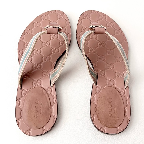 GUCCI || Interlocking GG Light Pink Blue Web Stripe Thong Sandal Flip Flop 7 - Picture 7 of 11